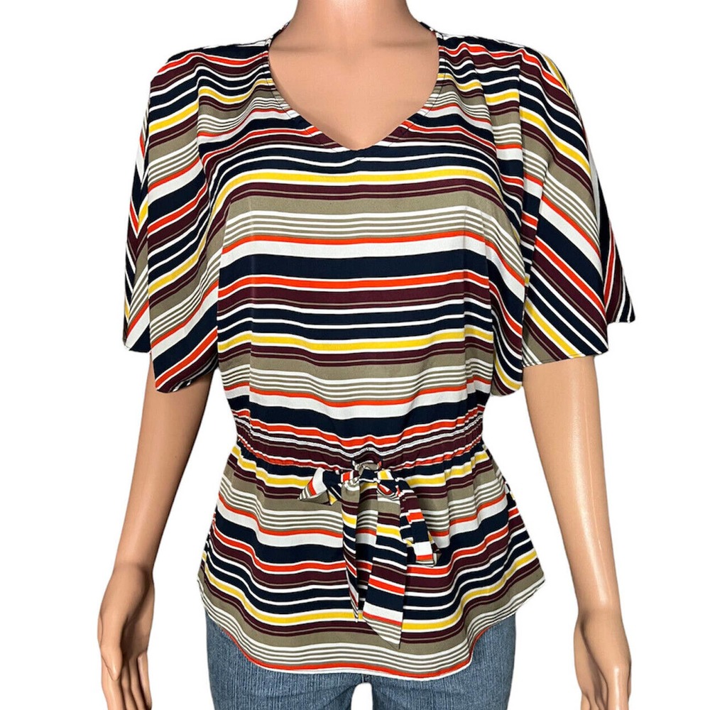 Banana Republic Shirt Womens Medium Multicolor Stripe V-Neck Drawstring